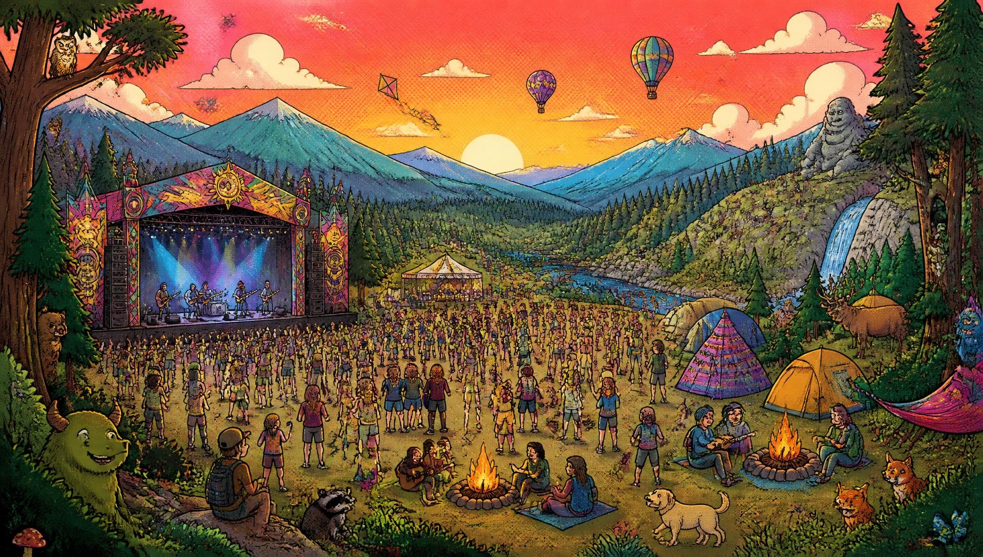 Illustrated festival landscape with mountains, main stage, tents and dancers